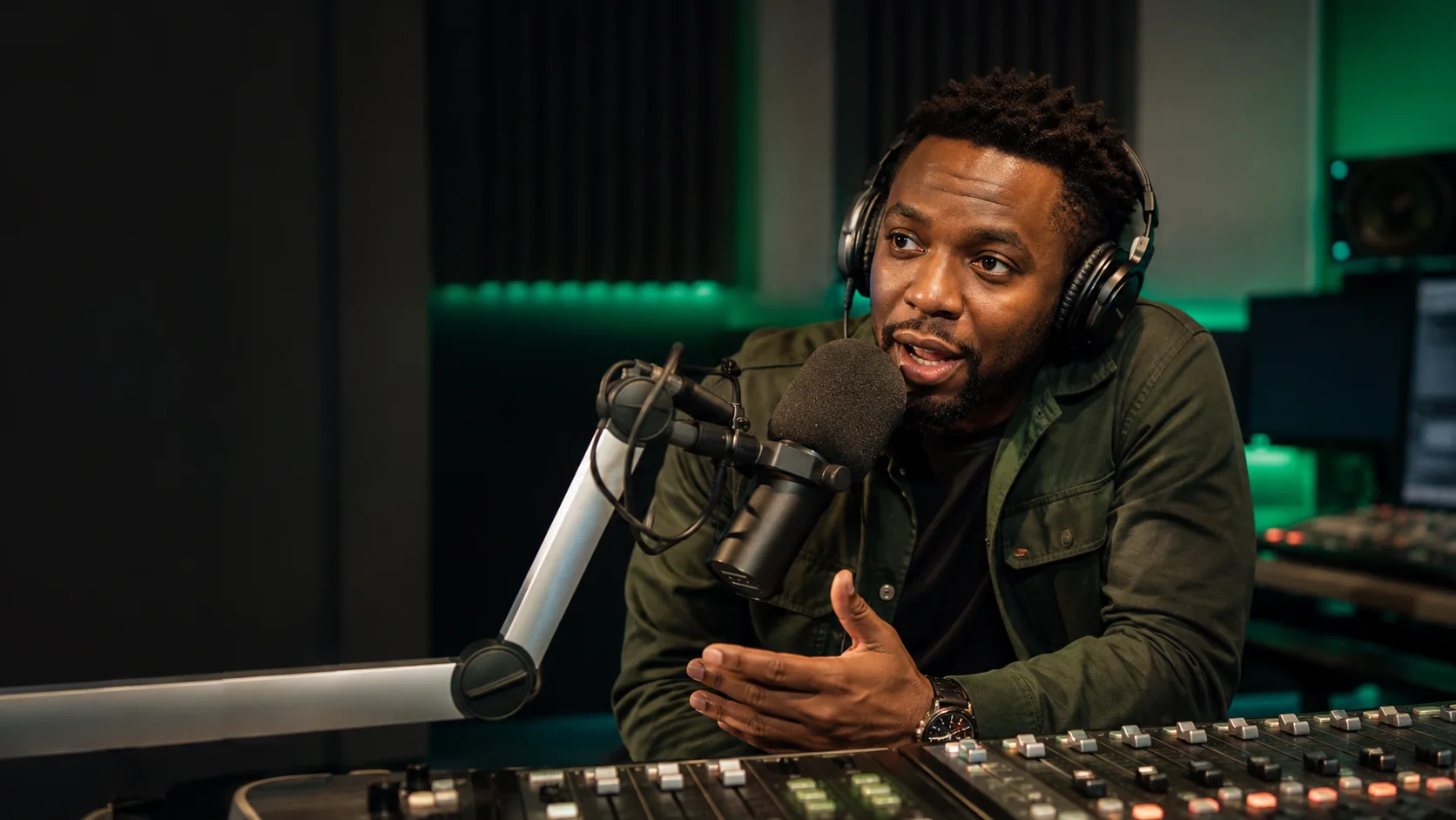 Professional radio presenter broadcasting from a modern studio
