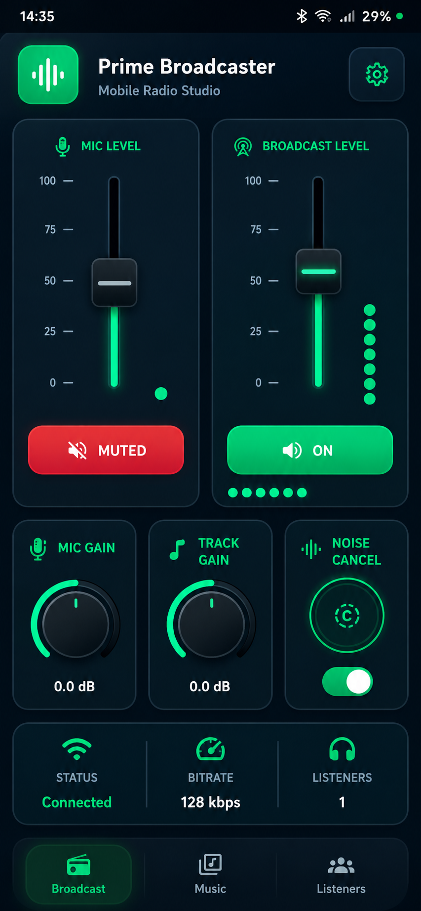 Prime Broadcaster mixer with microphone and broadcast level controls