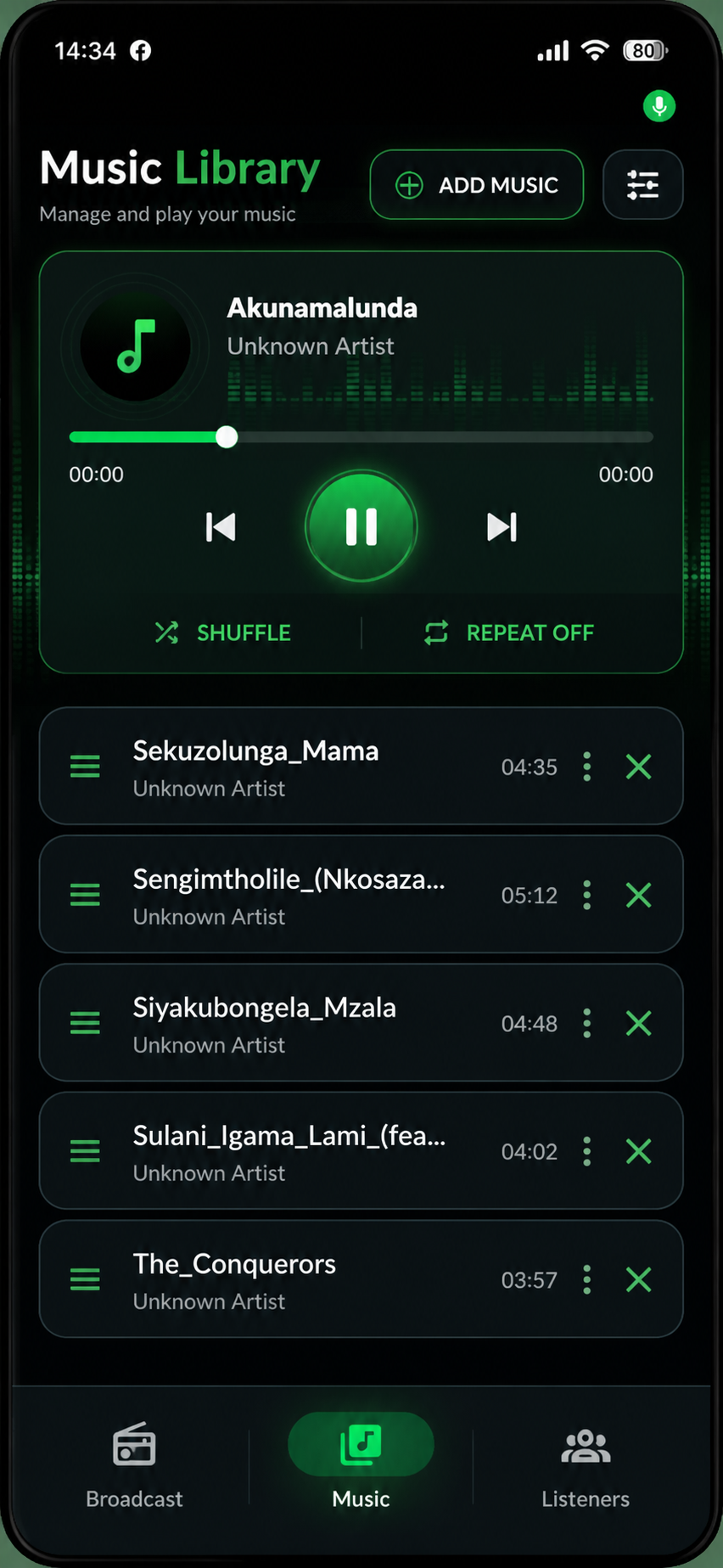 Prime Broadcaster Music Library with playback and playlist controls