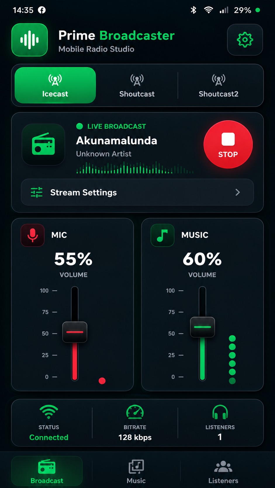 Prime Broadcaster Broadcast tab during a live broadcast