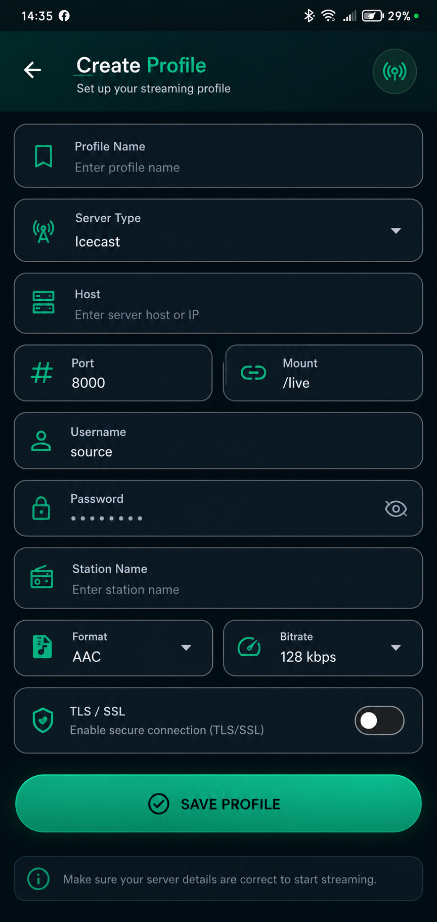 Prime Broadcaster manual Create Profile screen showing Icecast server fields